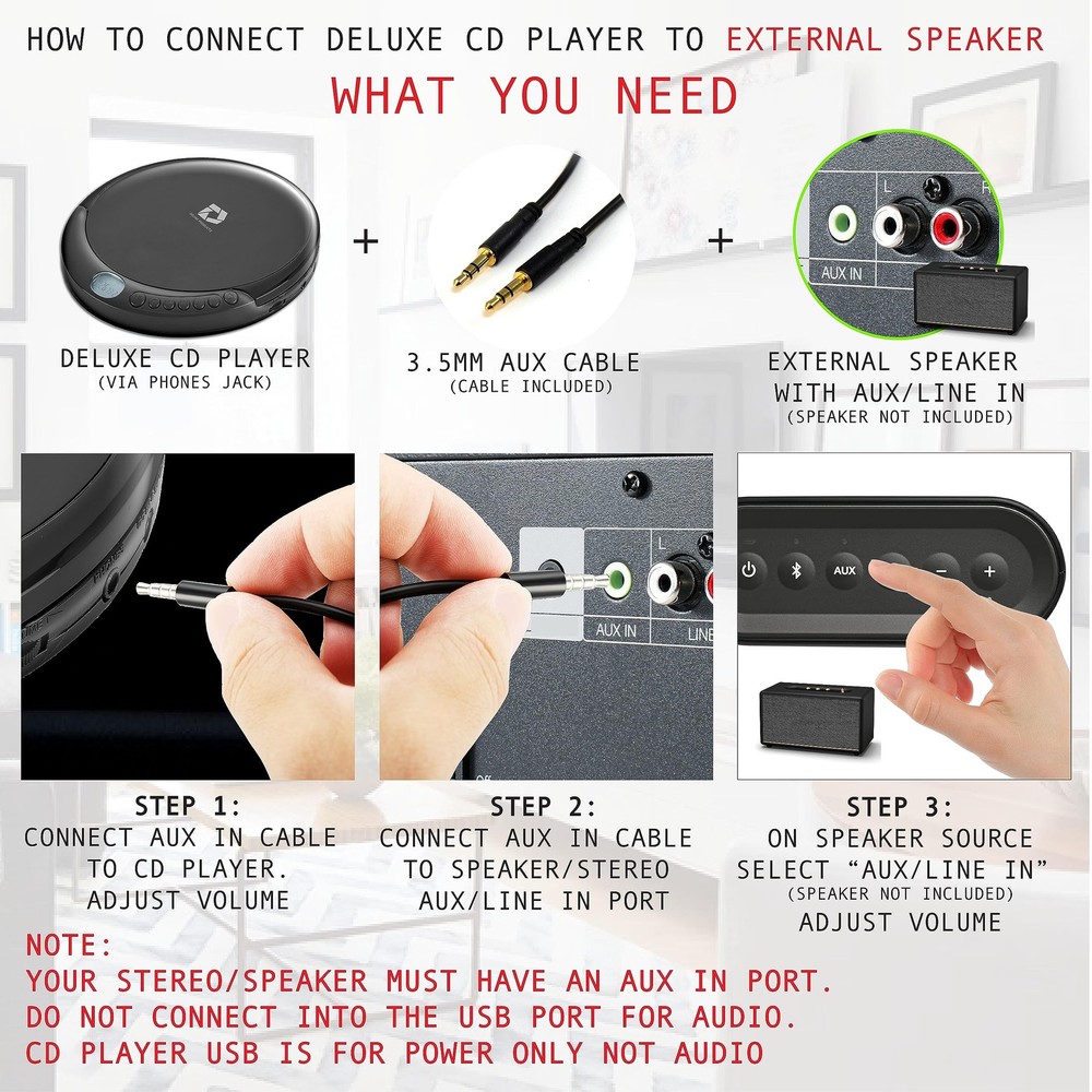 CD Player Portable w/ 60 Second Anti Skip, Stereo Earbuds,Includes Aux in Cable