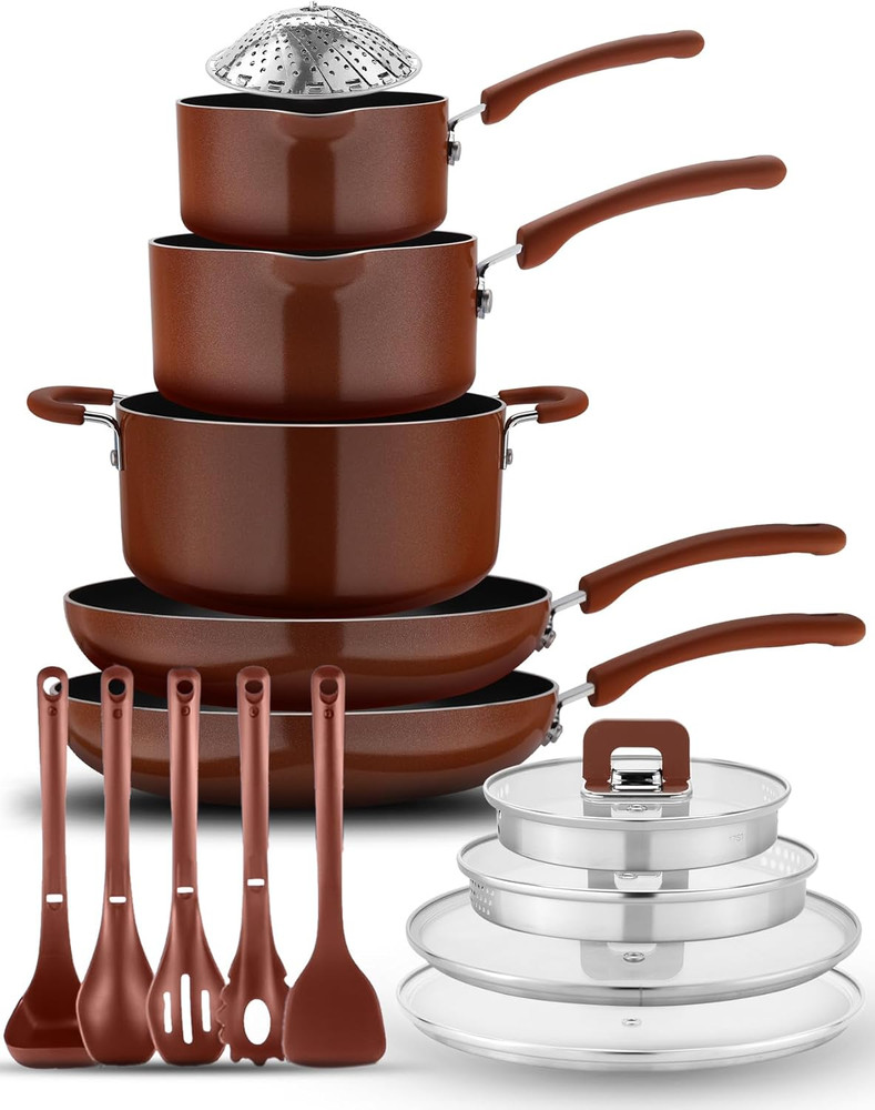 17Pcs Brown Stackable Pots and Pans Set, Nonstick Induction Cookware, Space Savi
