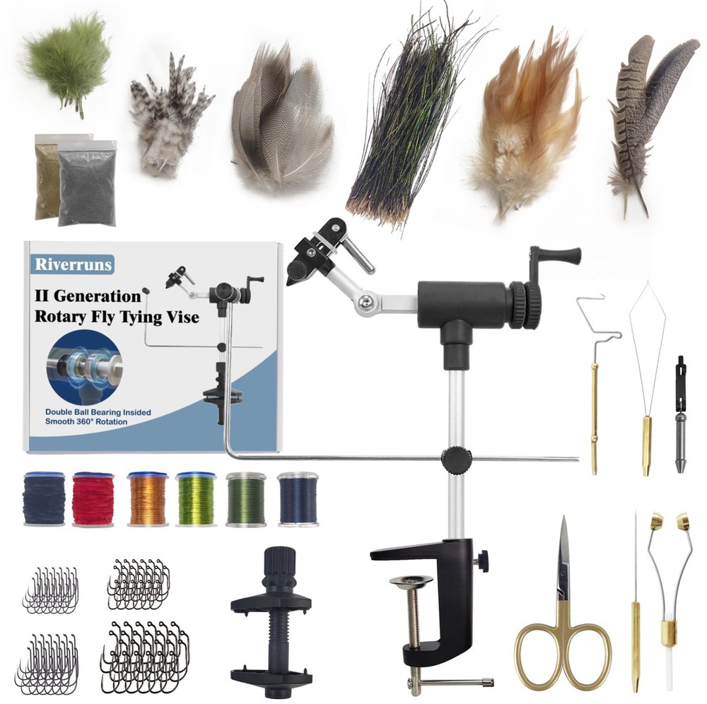 Rotary Fly Tying Vise Kit - Complete Tools & Materials for Professional Flies