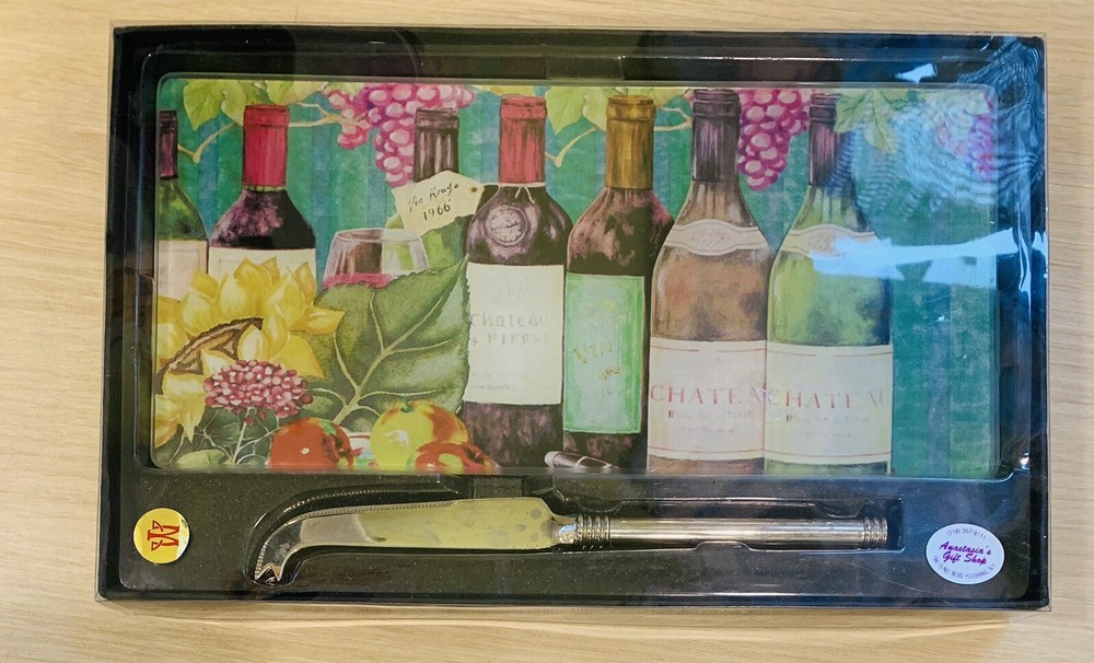 Wine Theme Glass Cheese Cutting Board w/ Knife