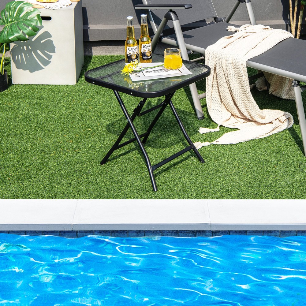 18" Folding Square Glass Side Table Patio Small Bistro Coffee Table for Backyard