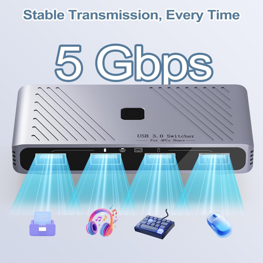 USB 3.0 Switch, 4 Computers Sharing 4 USB Devices, OneButton Switcher for Key...