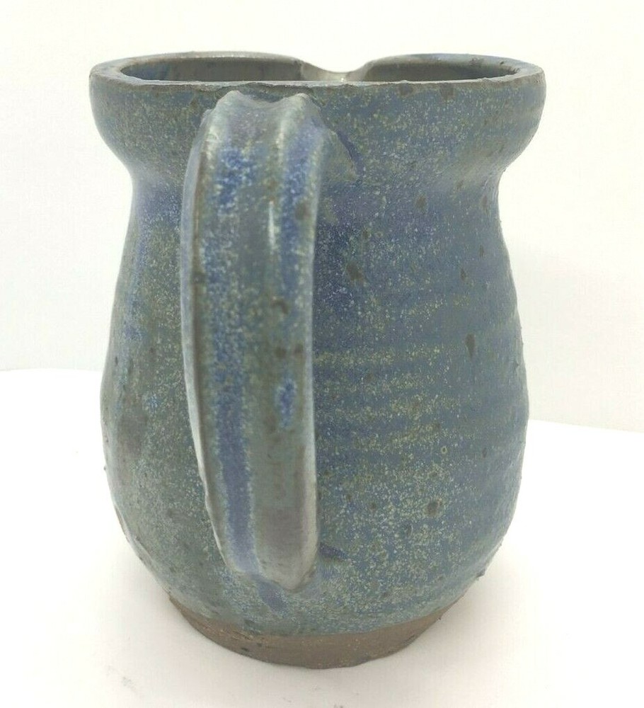 Vintage Primitive Rustic Art Pottery Pitcher Blue Glaze Signed 5”