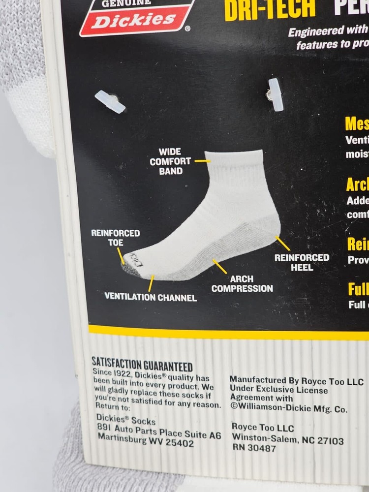 Dickies Men Dri-tech Quarter Performance Work Socks White 5-Pr Extended Sz 12-15