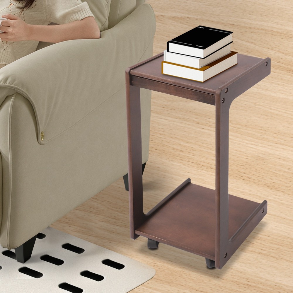2-tierd Solid Wood Bedside C-shaped Side Table W/ Drawer & Lockable Wheels
