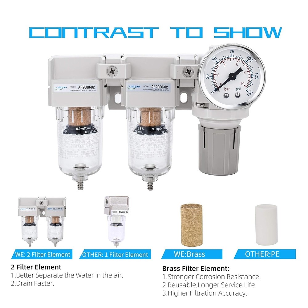 Efficient 1/4" NPT Air Filter and Regulator Combo with Complete Installation Kit