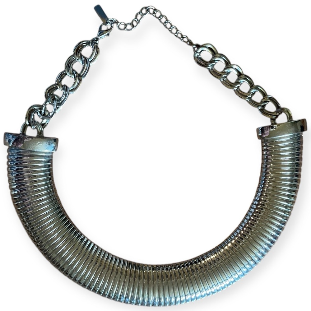 MIKA Signed Silver Tone Statement Collar Necklace 19” Ribbed Modern Chunky Arc