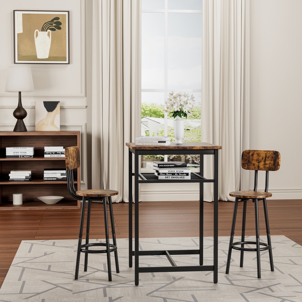 3 Piece Bar Table Set Counter Height  Dining Kitchen Pub Table w/ 2 Bar Chairs