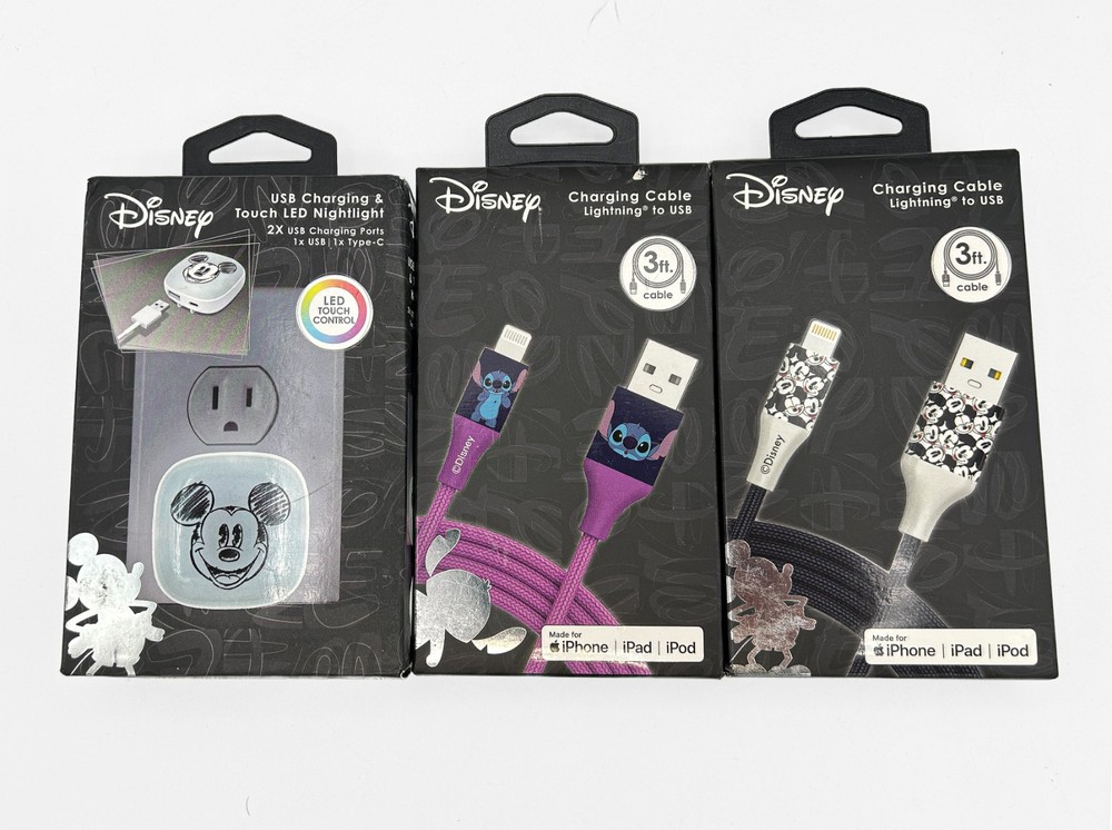 Disney Mickey Mouse Charging LOT - 2x iPhone Cord Cables 1x USB Touch Nightlight
