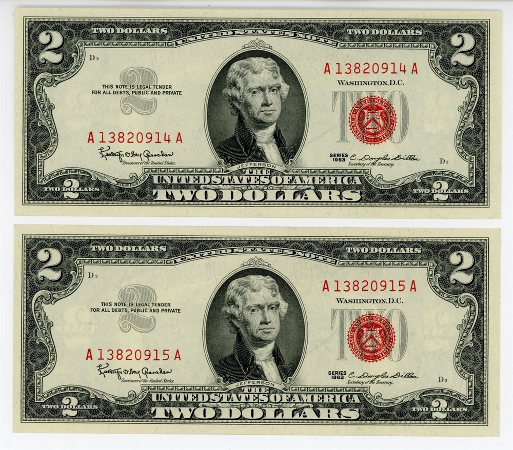 1963 $2 5-Note Sequential Legal Tender Notes in GEM Condition A13820911A - 15A
