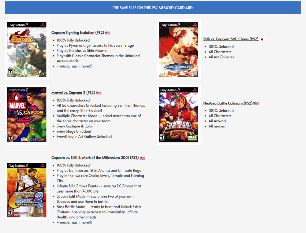 MARVEL vs CAPCOM vs SNK | PS2 MEMORY CARD SAVES | 100% Unlocked! All Fighters!