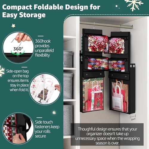Wrapping Paper Organizer Storage, Double-Sided Hanging Gift Wrap Roll Black