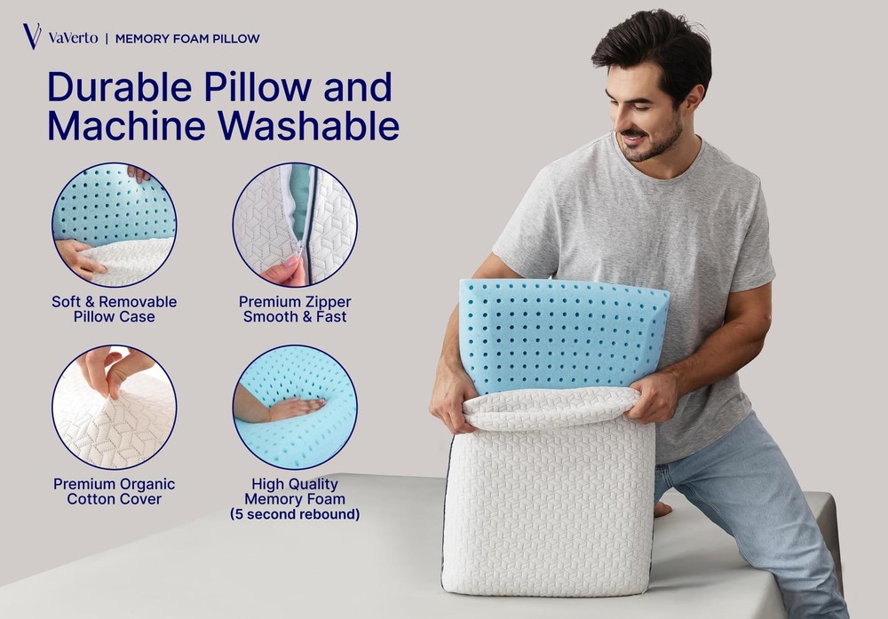 Cooling Memory Foam Pillow - 1-Pack - Standard Size Bed Pillows For Sleeping ...