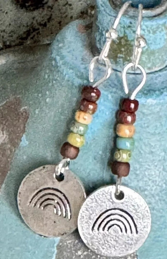 Antique Silver Rainbow Dangle Earrings with Boho Beads.