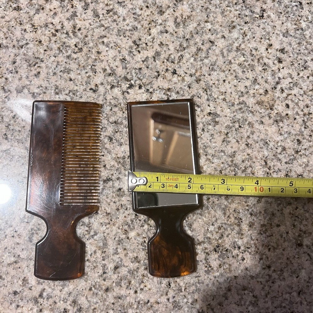 Vintage Tortoiseshell pattern Comb and Mirror Set w/ case 1980’s