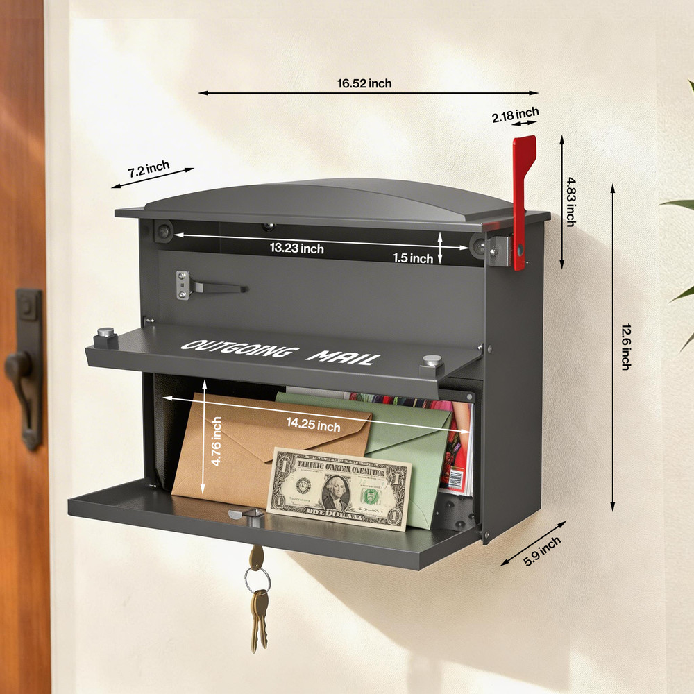 Rainproof Wall Mount Mailbox for Outside, Locking Mailbox w/ Outgoing Flag,Black