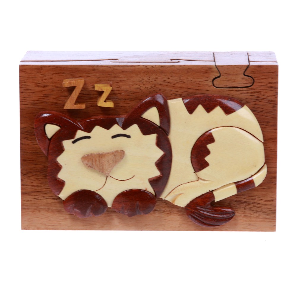 Wooden Rectangular Sleeping Kitty Secret Jewelry Puzzle Box - Sleeping Ca