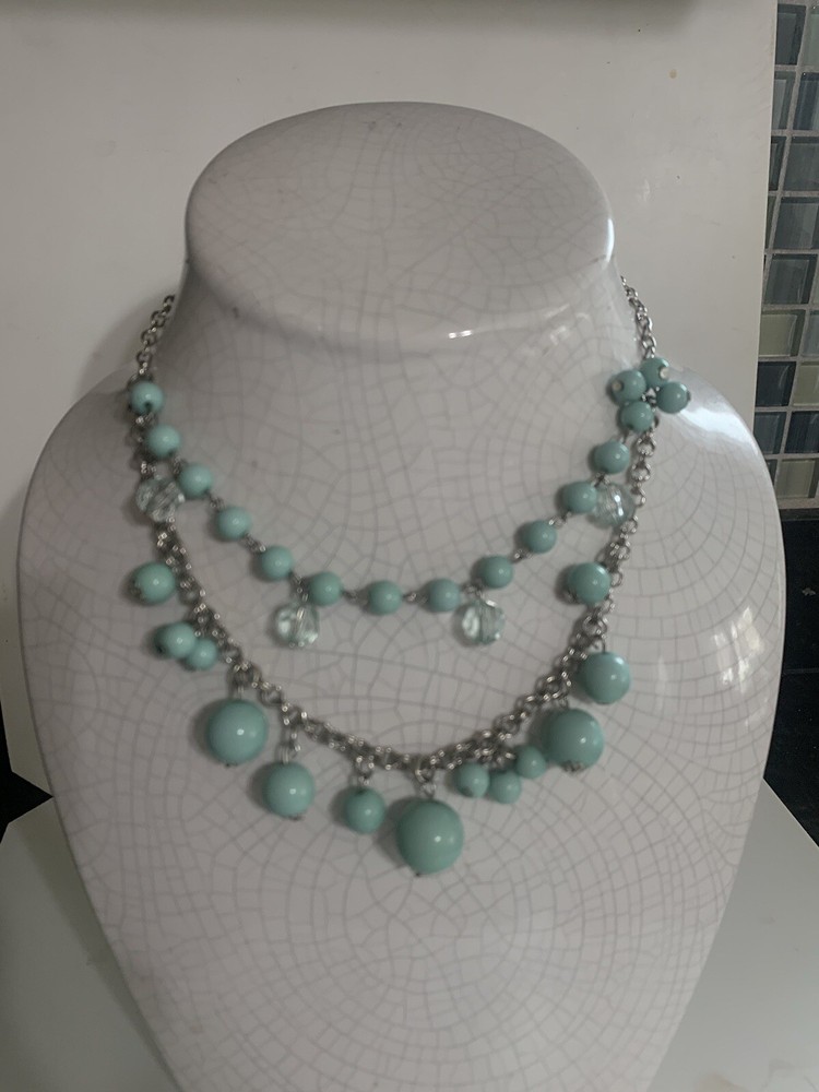 Necklace Layered Silver Tone Aqua Bead layer stack adjustable up to 17” costume