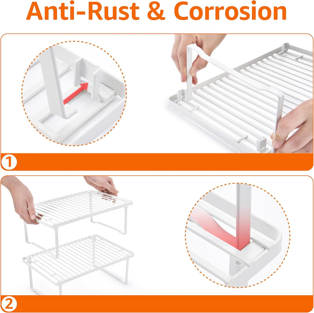 Space-Saving Stackable Metal Kitchen Cabinet Organizer Shelves for Dishes, Pantr