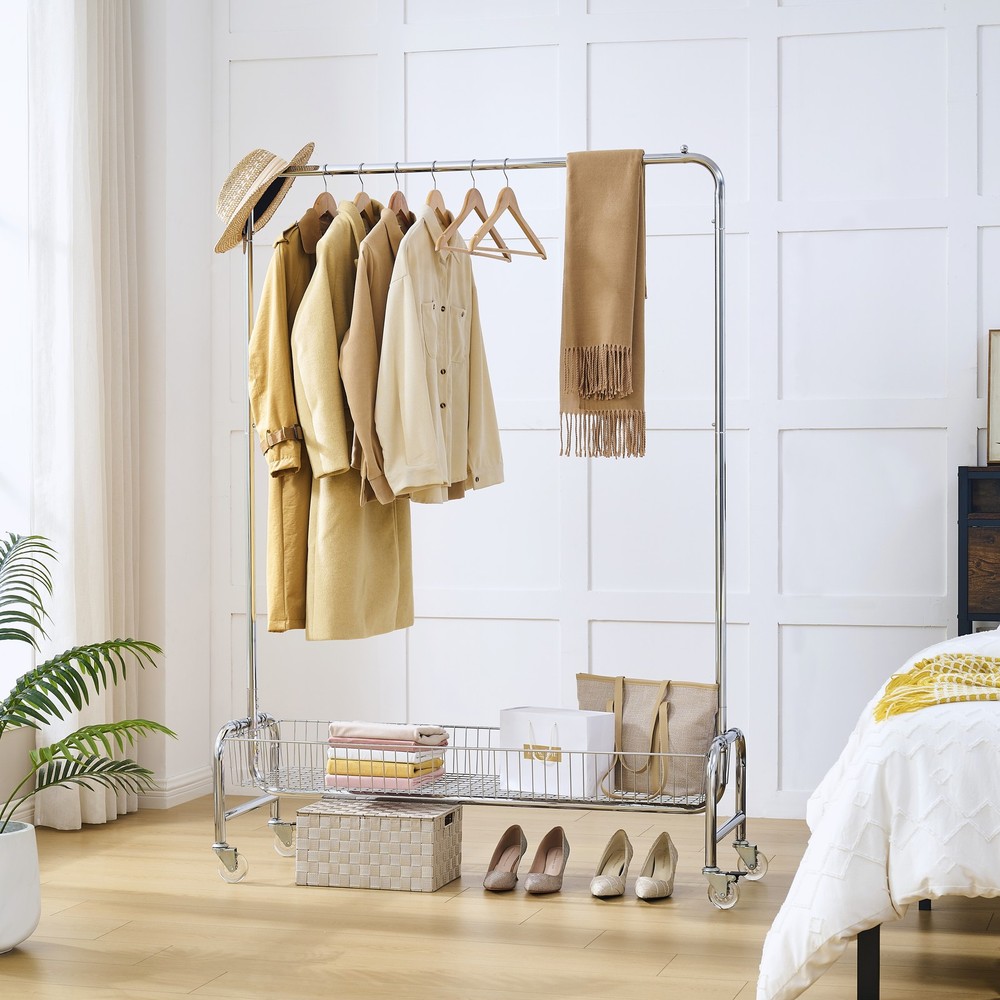 Garment Rack with Basket on Wheels Rolling Clothes Rack for Hanging Clothes
