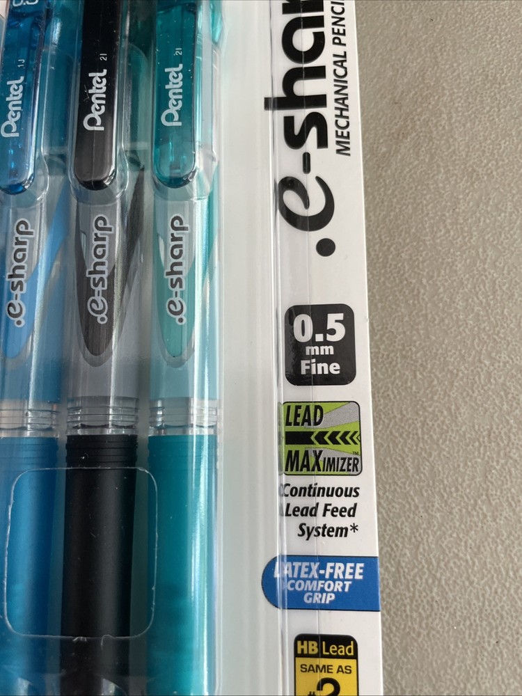 Pentel e-sharp 0.5 mm 3 Automatic Pencils, HB Lead, Eraser Set