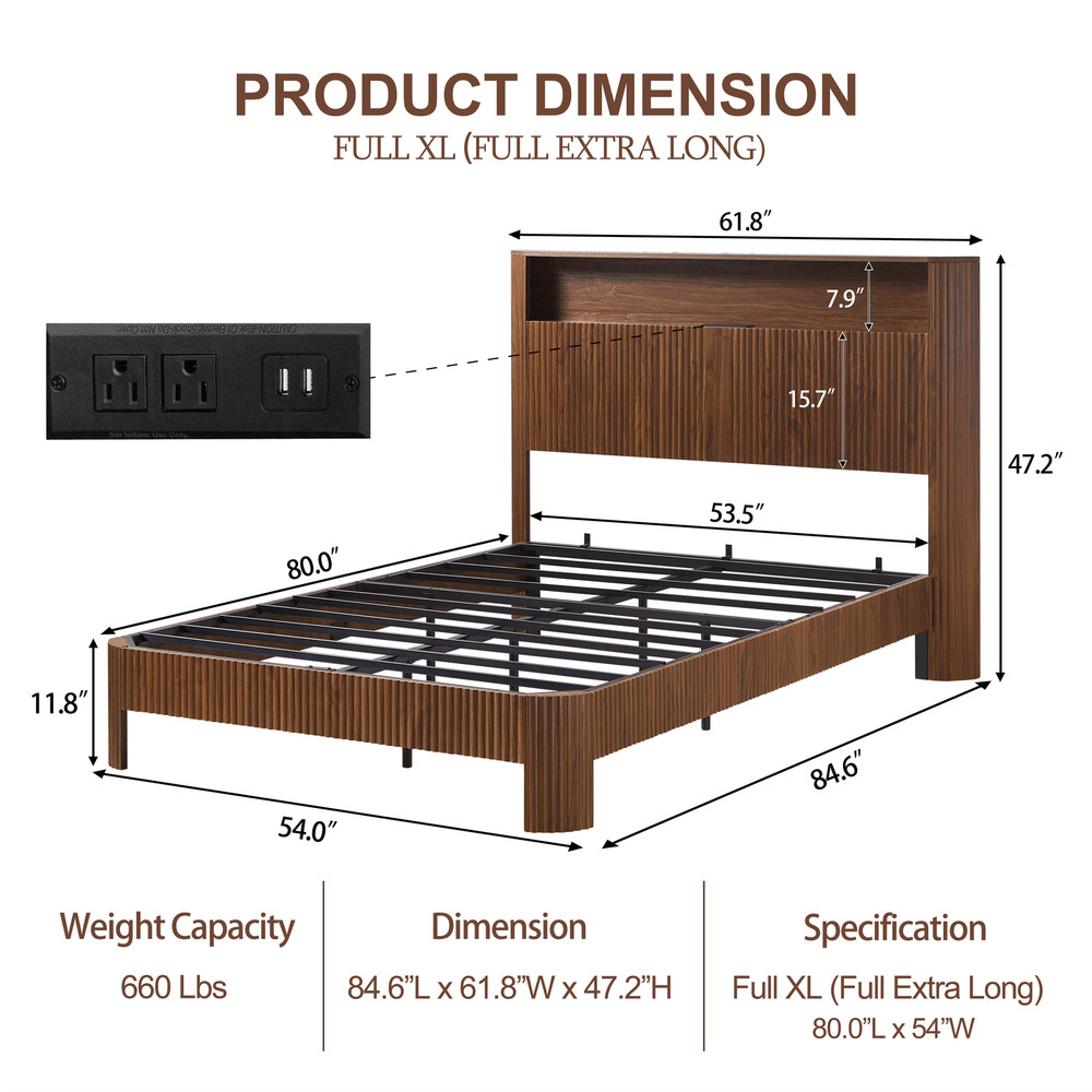 Full XL Bed Frame Storage Headboard Charging Station Metal Support Walnut