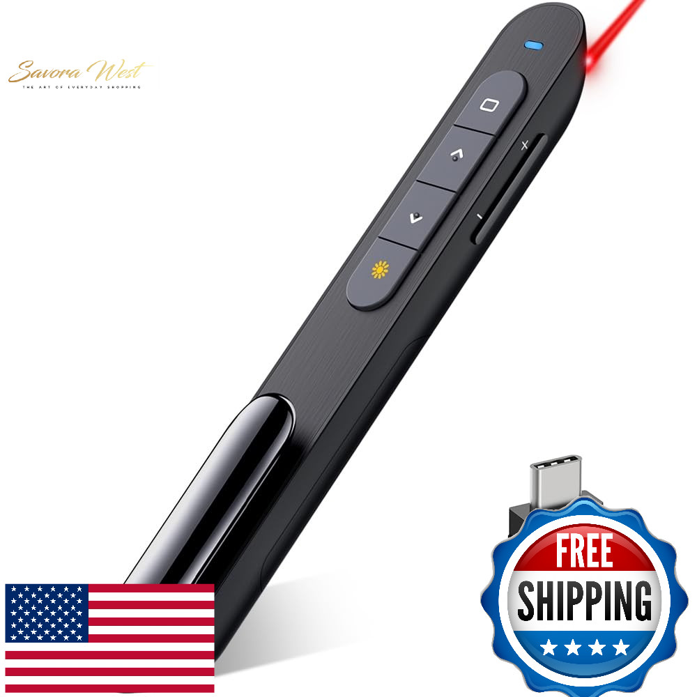 DinoFire USB-C Wireless Presenter Clicker Red Laser Pointer Volume Control Long