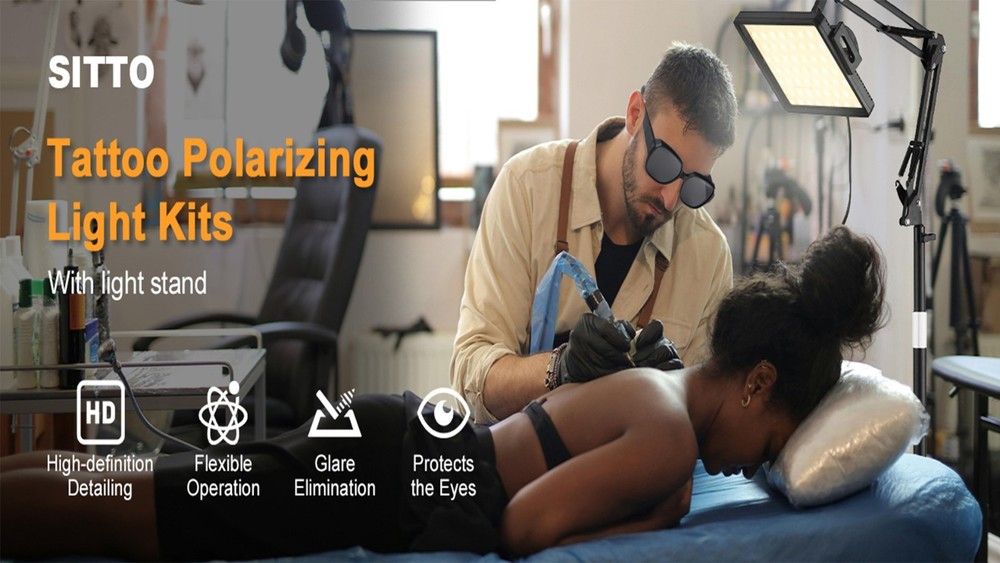 LED Tattoo Light Kit - Polarized Work Light with Vision Lenses & 360° Stand, Sha