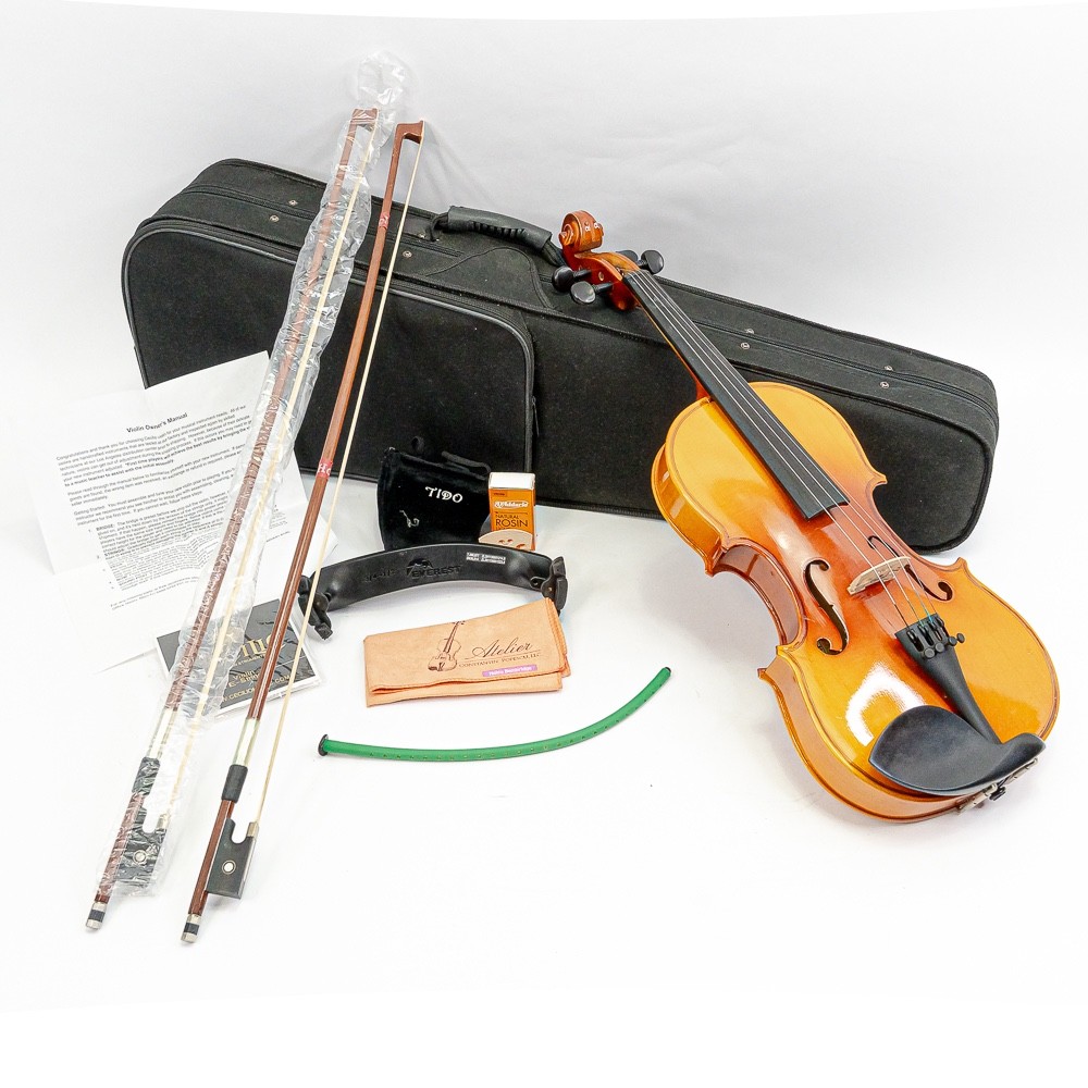 Mendini by Cecilio MV400 Solid Wood Violin – Beginner/Student Model with Case