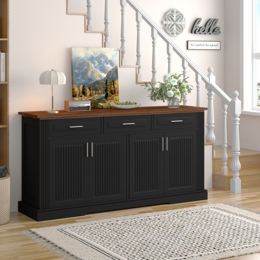 Modern Fluted Sideboard Buffet w/4 Doors & 3 Drawers for Kitchen Dining