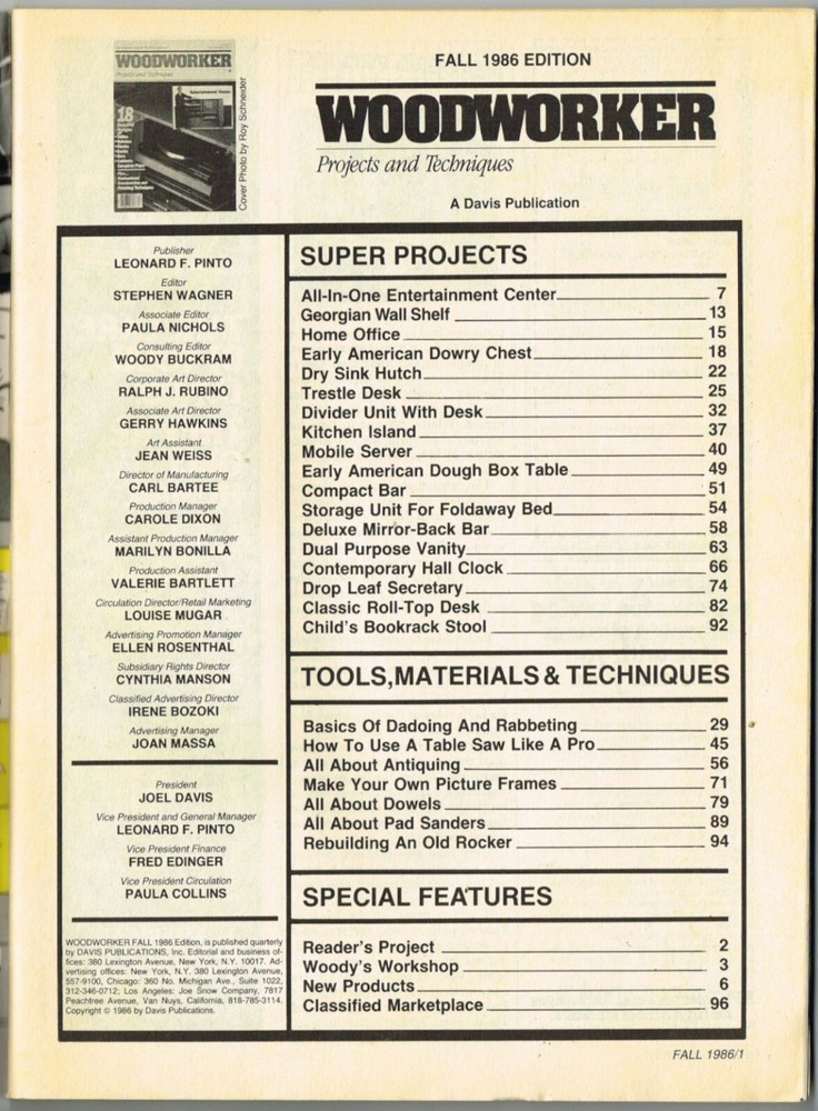 WOODWORKER Fall 1986 very Good 18 projects with Plans VG