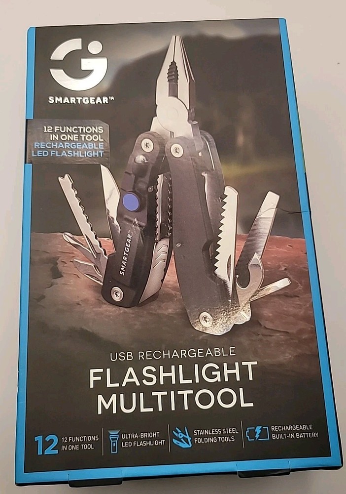 Smart Gear 12 In 1 Multitool Led Flashlight USB Rechargeable SS Locking Tool NIB