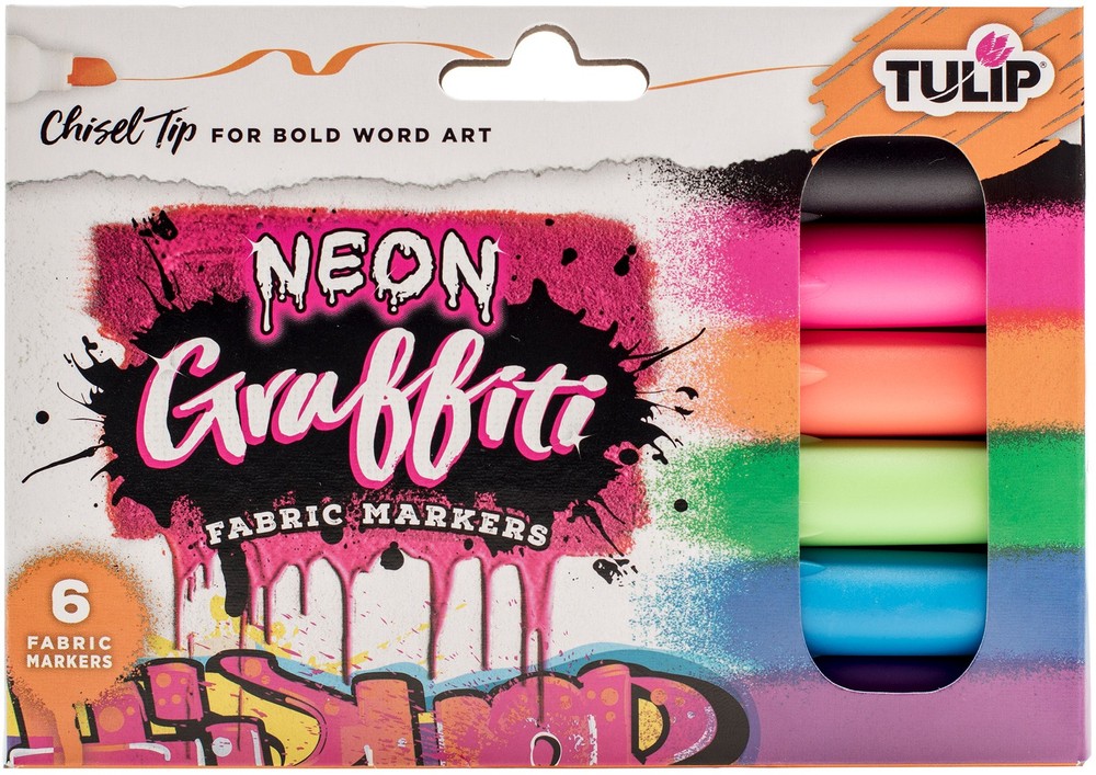 Tulip Graffiti Fabric Markers 6/Pkg-Neon - Chisel Tip - 3 Pack