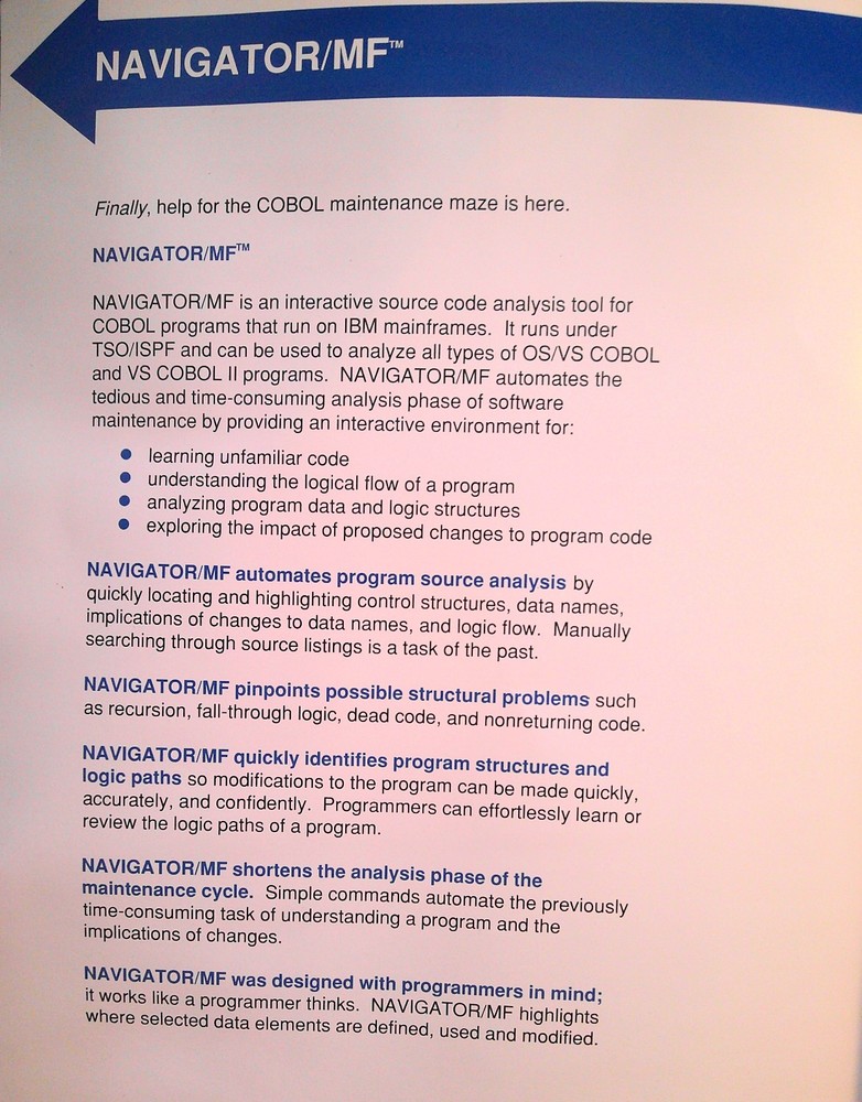 NAVIGATOR/MF brochure 1989 Source code analysis for IBM mainframe COBOL programs