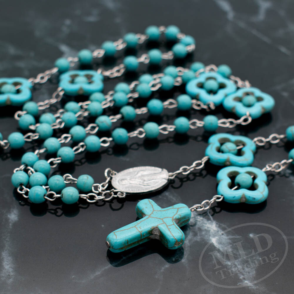 Turquoise Stone Bead Catholic Flower Rosary Necklace - 22" 7" Drop, Silver Chain