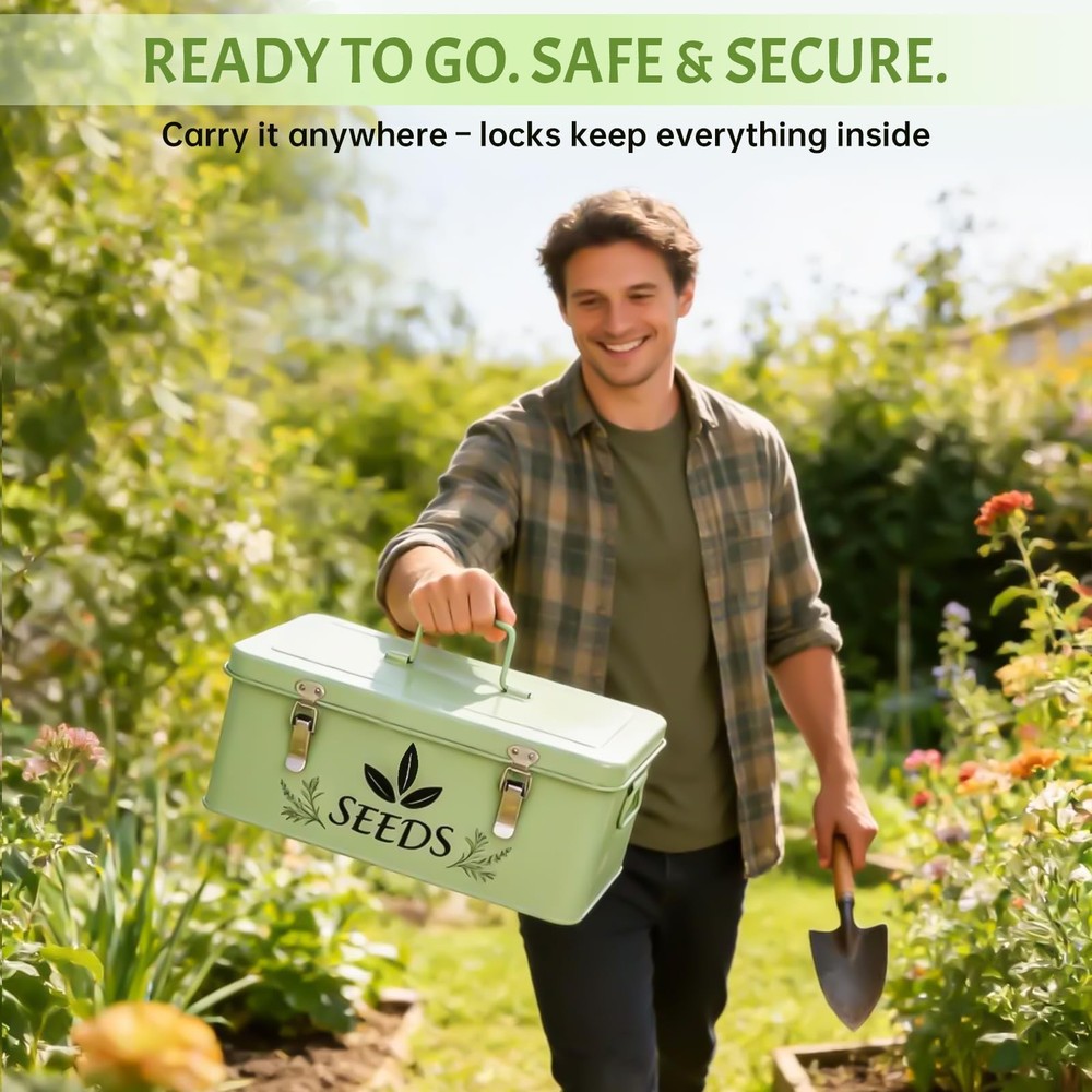 Spring Seed Storage Organizer | 3-Compartment Metal Seed Box with Locking Lid...