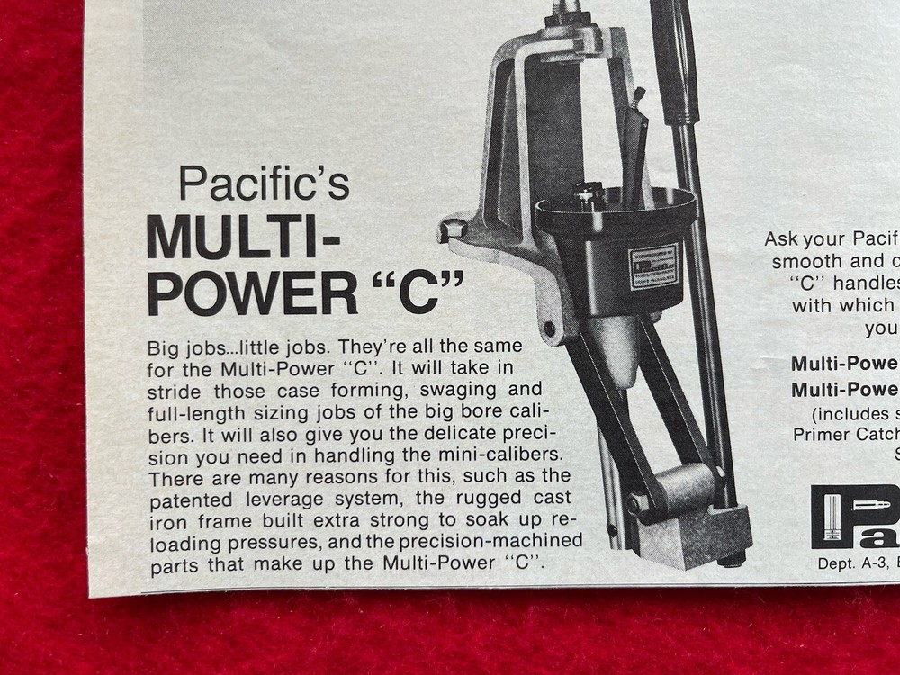 Vintage 1975 Print Ad Multi Power C Pacific Ammunition Reloading Tool