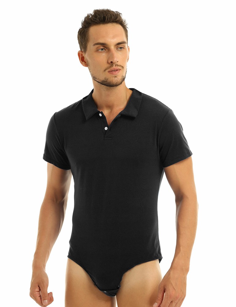 Men's Short Sleeve Undershirt Press Button Crotch Shirt Bodysuit Top Undershirts