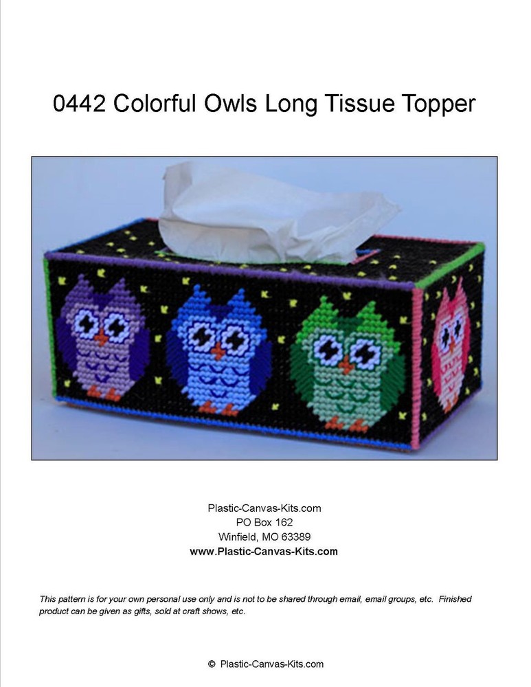 Colorful Owls Long Tissue Topper-Plastic Canvas Pattern or Kit