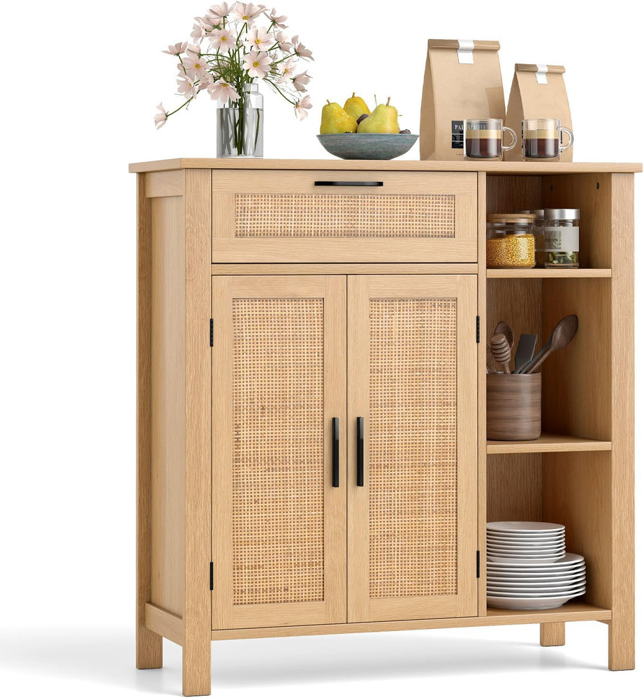Buffet Cabinet with Storage, Boho Rattan Sideboard with 2 Doors, Drawer, 3 Open