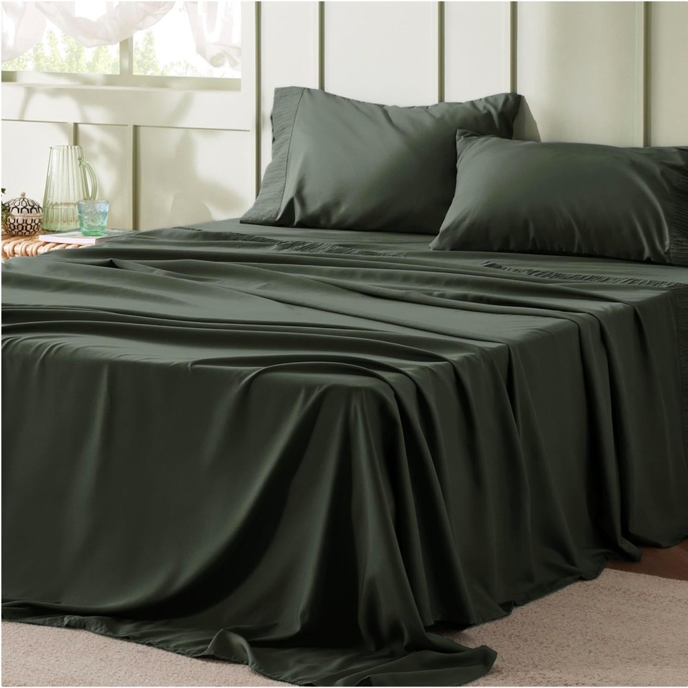 Queen Sheet Set - 4PC Breathable Cooling Microfiber - Hotel Luxury Olive Green
