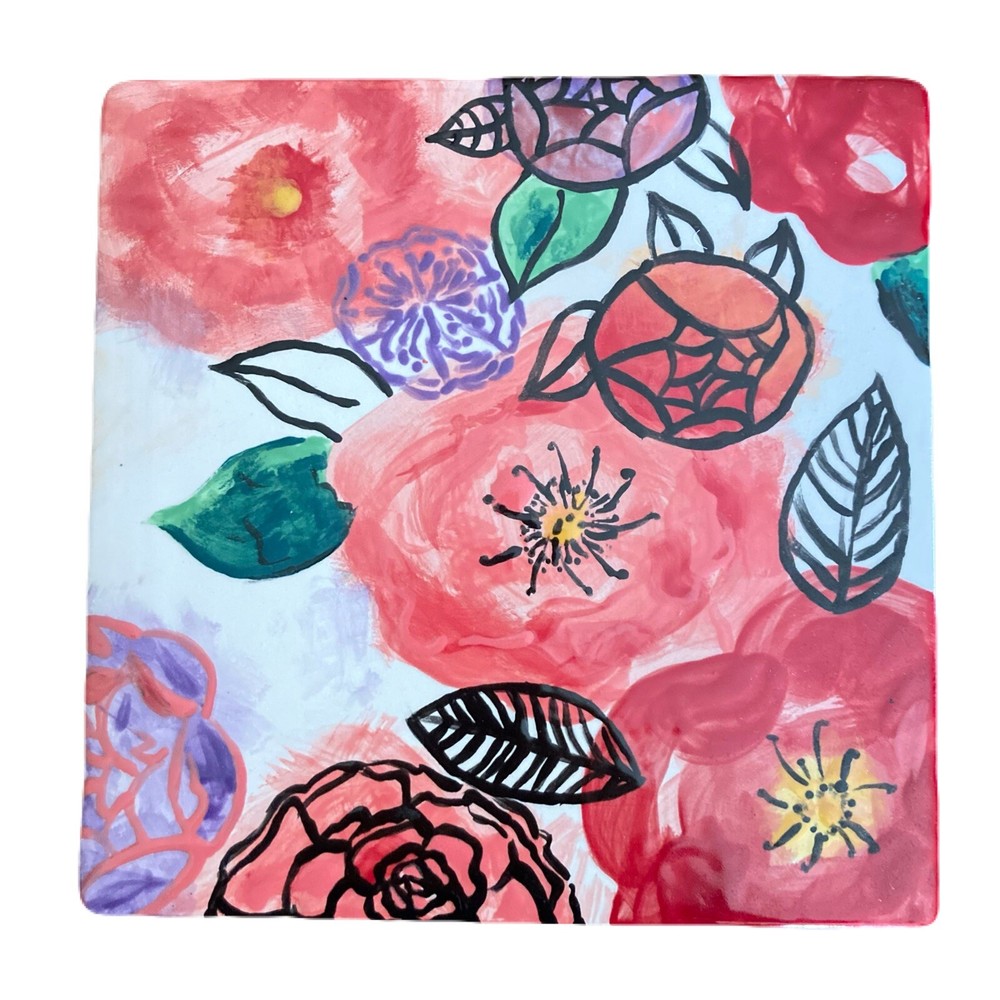 Decorative Tile Handmade 8” Square Floral Ceramic Tile Red Pink Green Signed