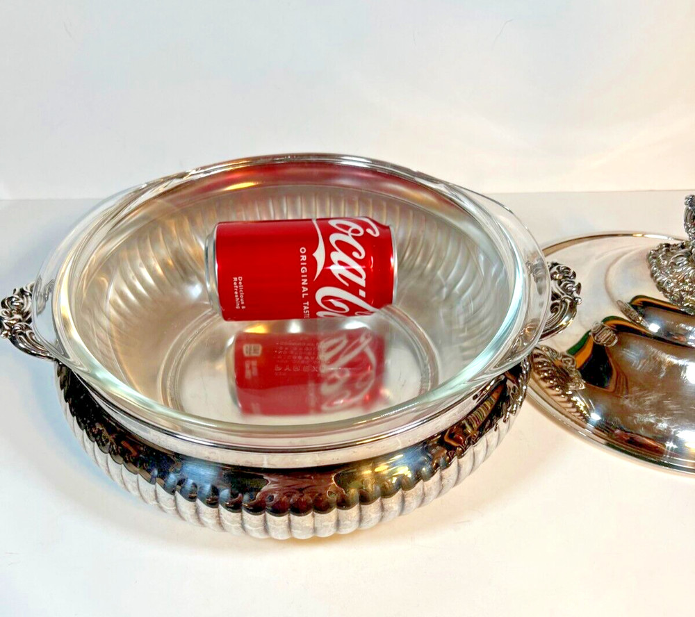 Vintage 3 Liter Pyrex Casserole Dish - Silver Plated Brass Ornate Handled Server