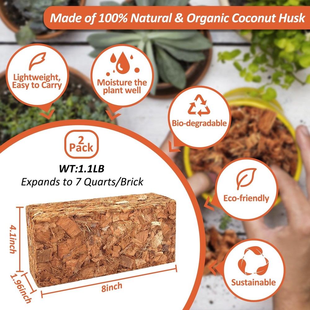 2 Pack Coco Chips Substrate for Plants- 2.2lb 100% Organic Coconut Husk Brick...