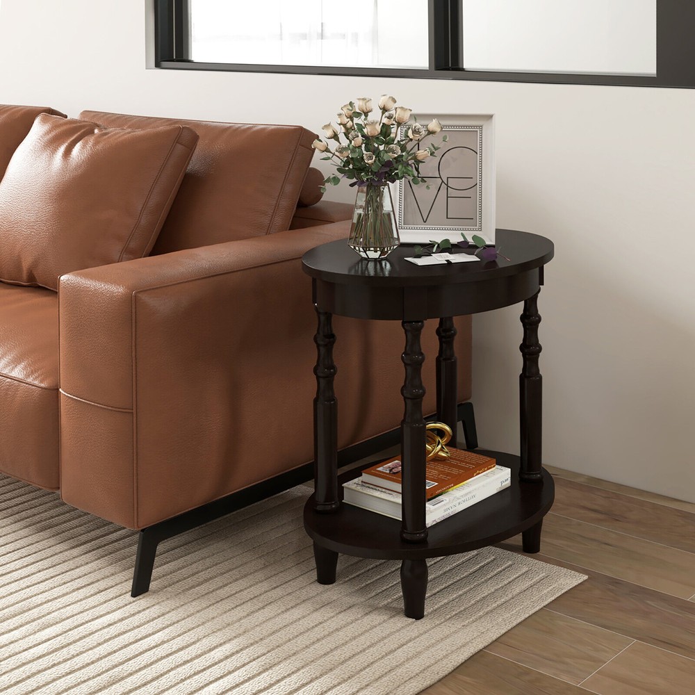 2-Tier End Table Oval Compact Sofa Side Nightstand w/ Storage Shelf Espresso