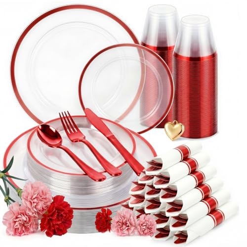 350pcs Plastic Dinnerware Set,Clear and Disposable Plastic 350pcs（50guests） Red
