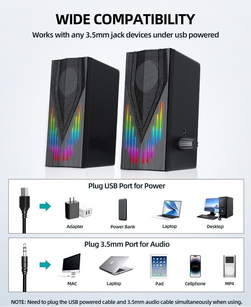2 Computer Speakers USB Powered 3 5 mm AUX Bluetooth Speakers for Desk
