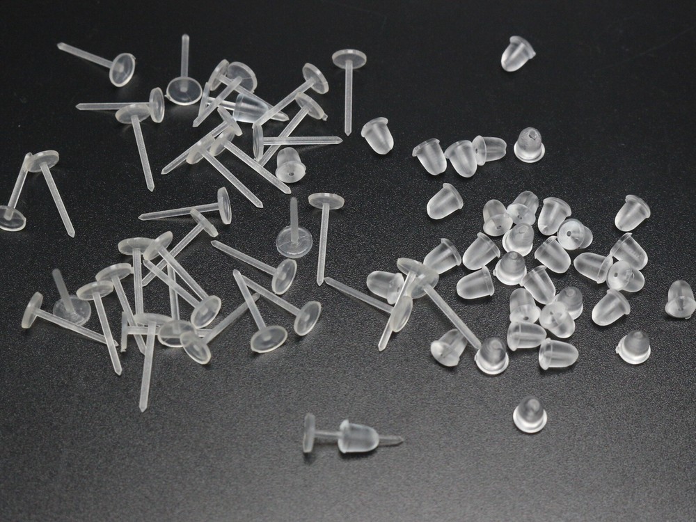 200 Invisible Clear Plastic Flat Blank Pad Earring Nail Pin Ear Post Stud