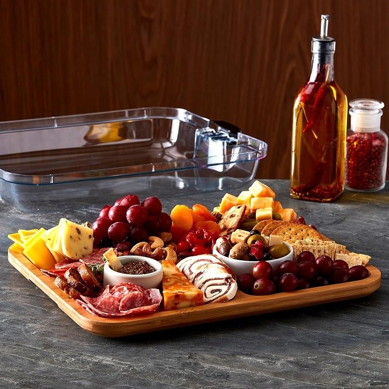 Dual Function Bamboo Cutting Board W/ Clear Locking Lid Charcuterie & Snacks New