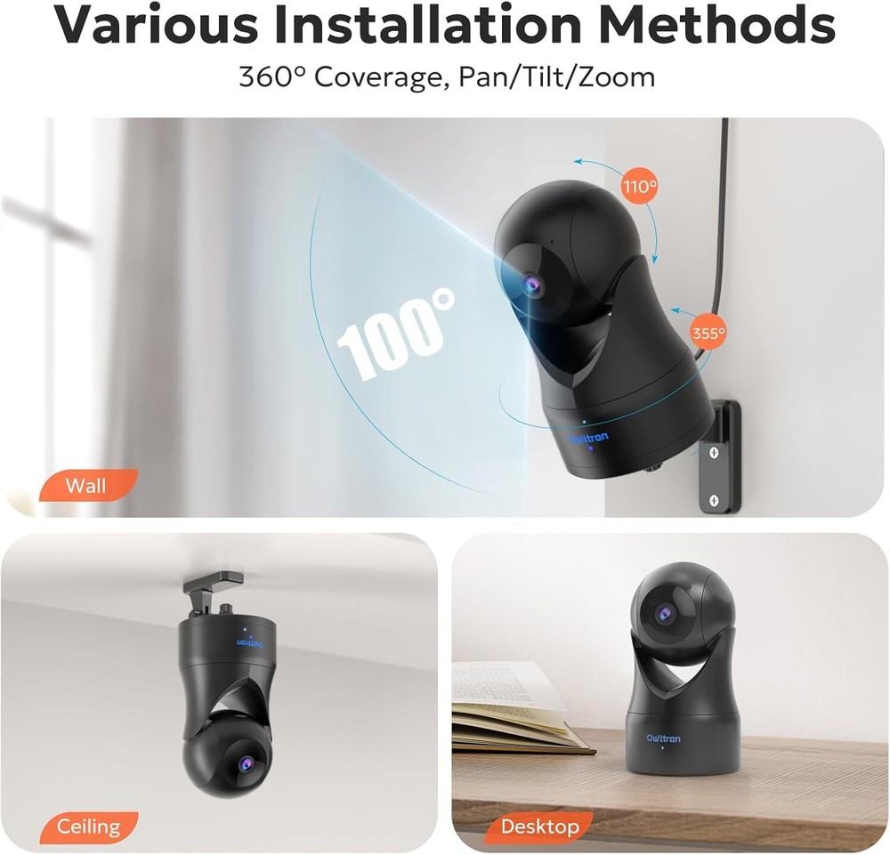 Indoor Security Camera 2.4G WIFI Wireless 2K Owltron 360 Home Motion Detection